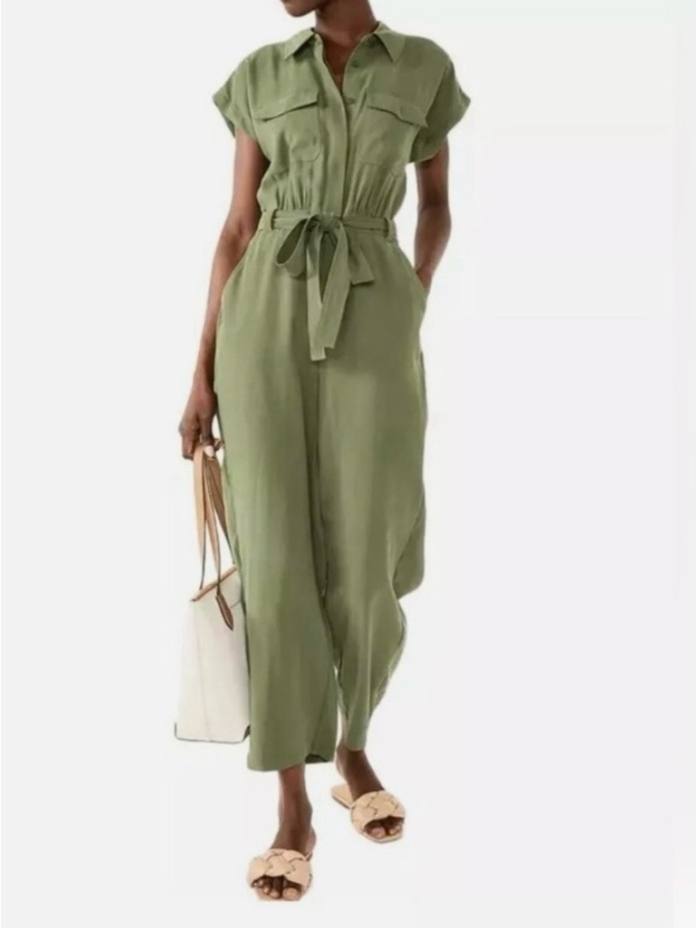 Nine West Olive Green Tie-Waist Utility Jumpsuit